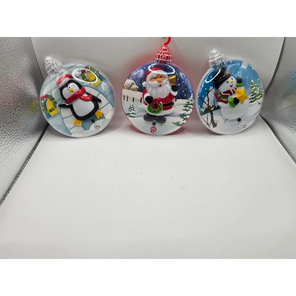 Set of 3 Christmas Ornaments Santa Snowman Penguin Light Up Sound Holiday Decor